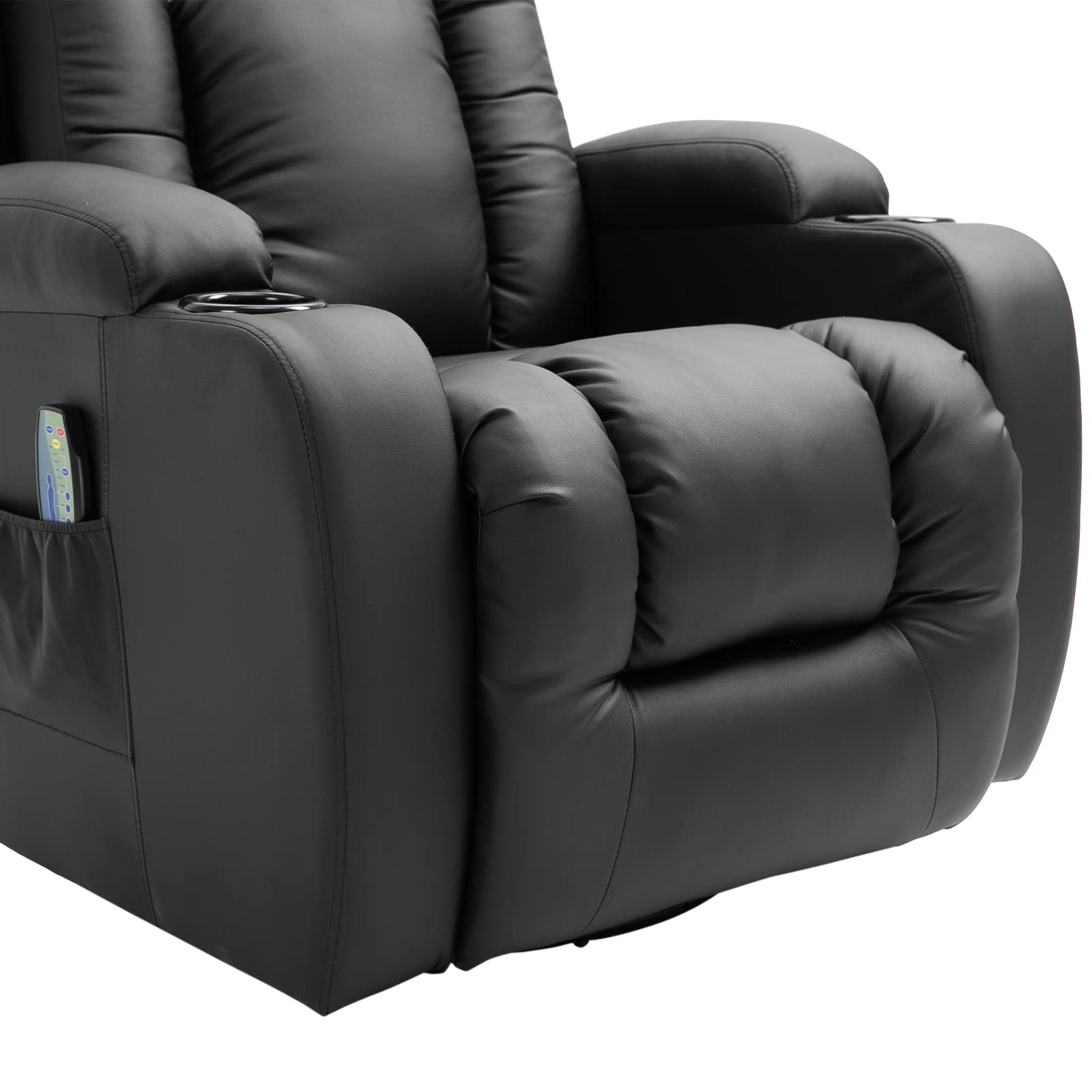 HOMCOM Poltrona Massaggiante Reclinabile Manuale 145° Riscaldante, 8 Punti di Massaggio, Poltrona Relax Girevole con Dondolo, Poggiapiedi, Telecomando, Portabicchieri, Tasche Laterali, Pelle PU, Nero
