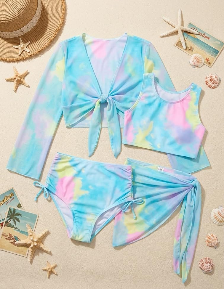 Image of GRACE KARIN Girls Bathing Suit Adjustable Taniki Swimsuit Tie Front 4 Piece Bikini Set with Kimono Cover Up 6-14
