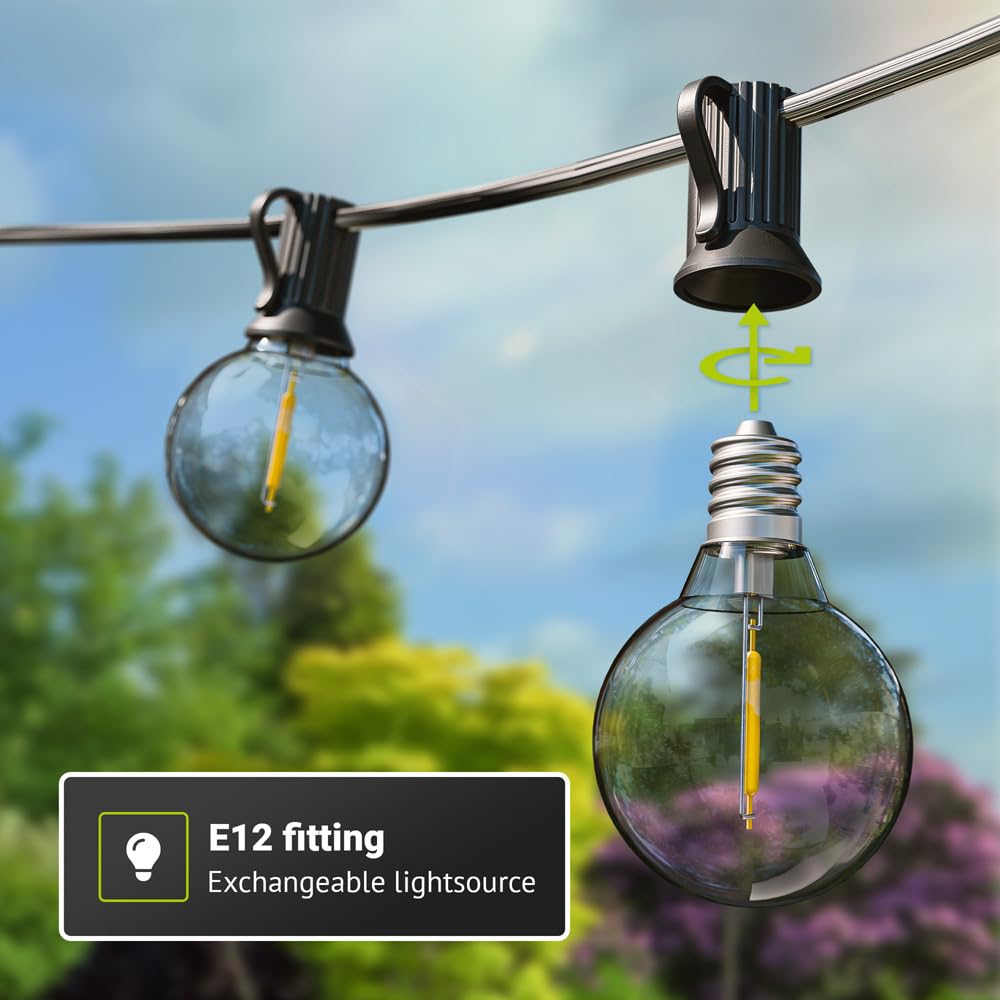 HOFTRONIC - Catena luminosa solare esterna 7 metri - 25 lampadine - 4 modalità di illuminazione - Luce bianca calda 2700 K - Interruttore crepuscolare - 25 Watt 750 lumen - Impermeabile IP44