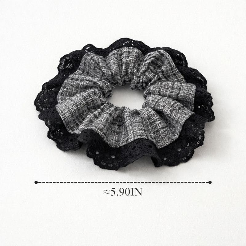 Oversized Lace Hair Scrunchies for Women, Cotton Linen Fabric Hair Ties, Gentle No Pull Elastic, Frizz Control & Thick Hair Friendly, Vintage Style, 2 Pack