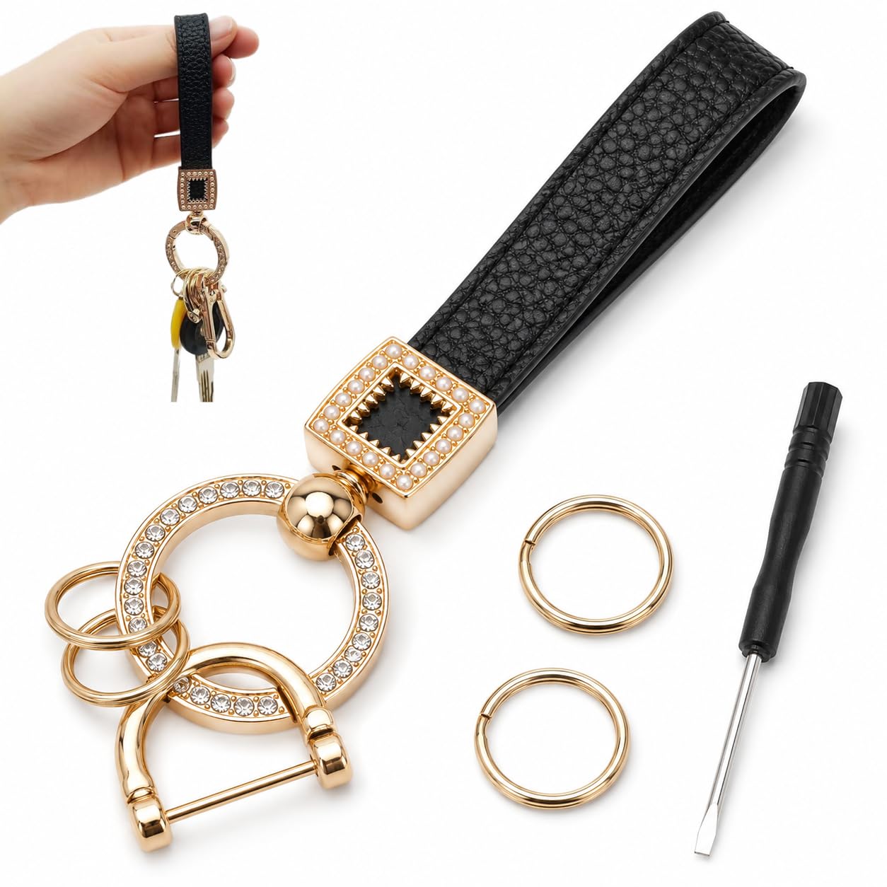 Trifletopia Unisex Black Bling Car Keyring For Women – Microfibre Leather Key Fob Holder With Anti-Lost D Buckle – 360° Rotating Key Chain With 3 Split Rings And Mini Screwdriver For Car And House Keys, Gold