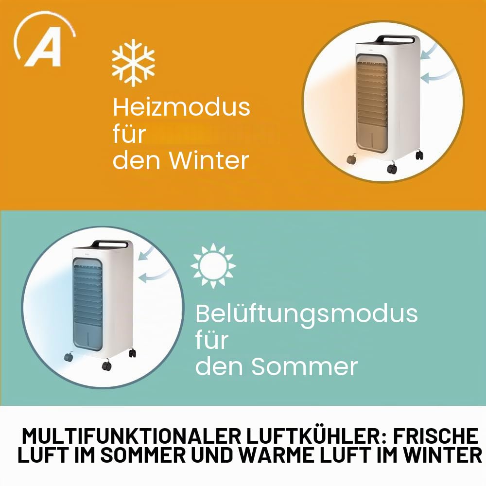 ARDES - ARCF02 Kühl- und Wärmezirkulator TAO mit Fernbedienung, Touch Controls und Display - 3-stufiger Verdunstungskühler mit Lamellenoszillation und Staubfilter - Transportierbar