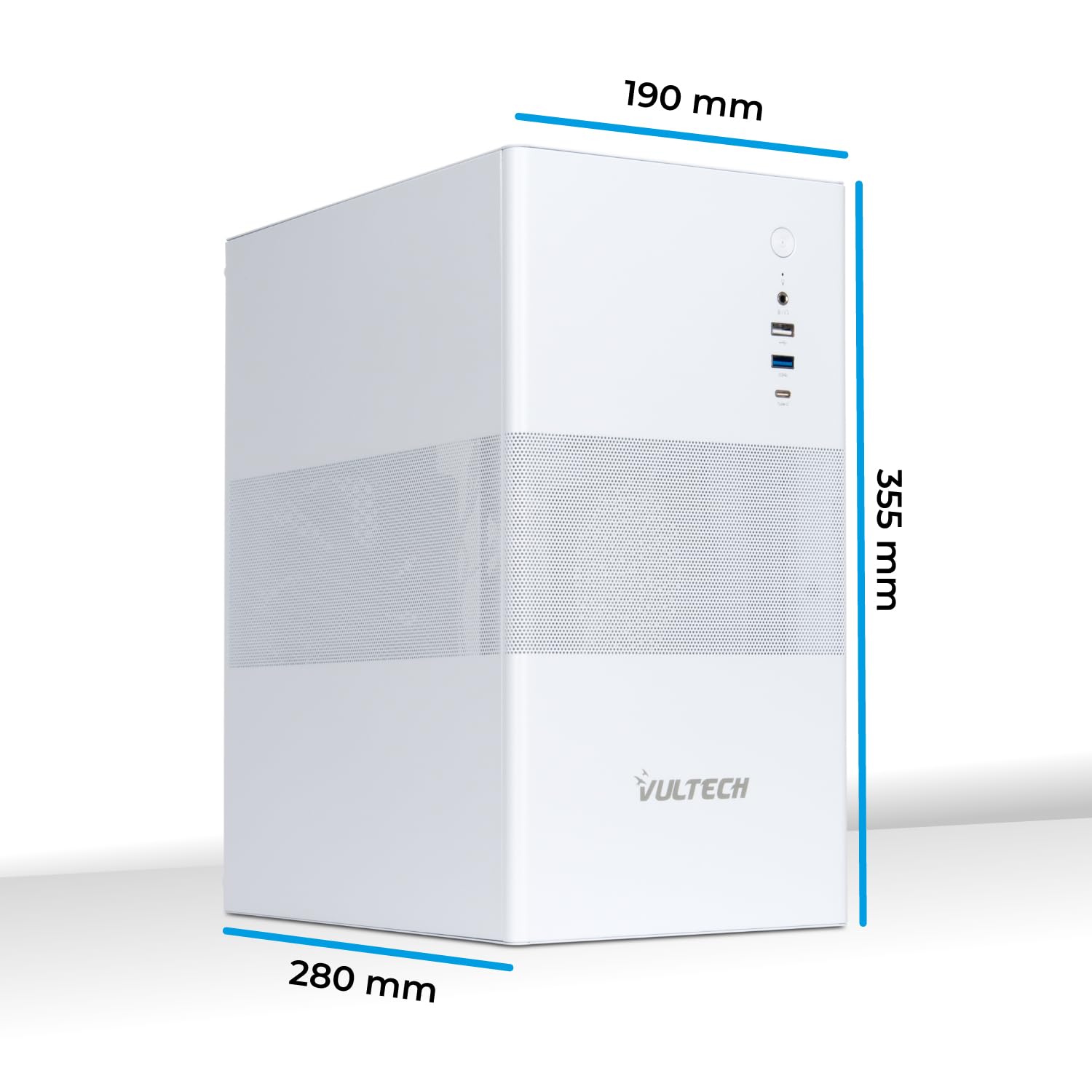 VulTech VCO-M1759-B Boîtier PC Micro-ATX en Acier SPCC, USB-C, USB 3.0 et USB 2.0, Ventilateur 120 mm Inclus, Support GPU 270 mm, sans Alimentation, Blanc