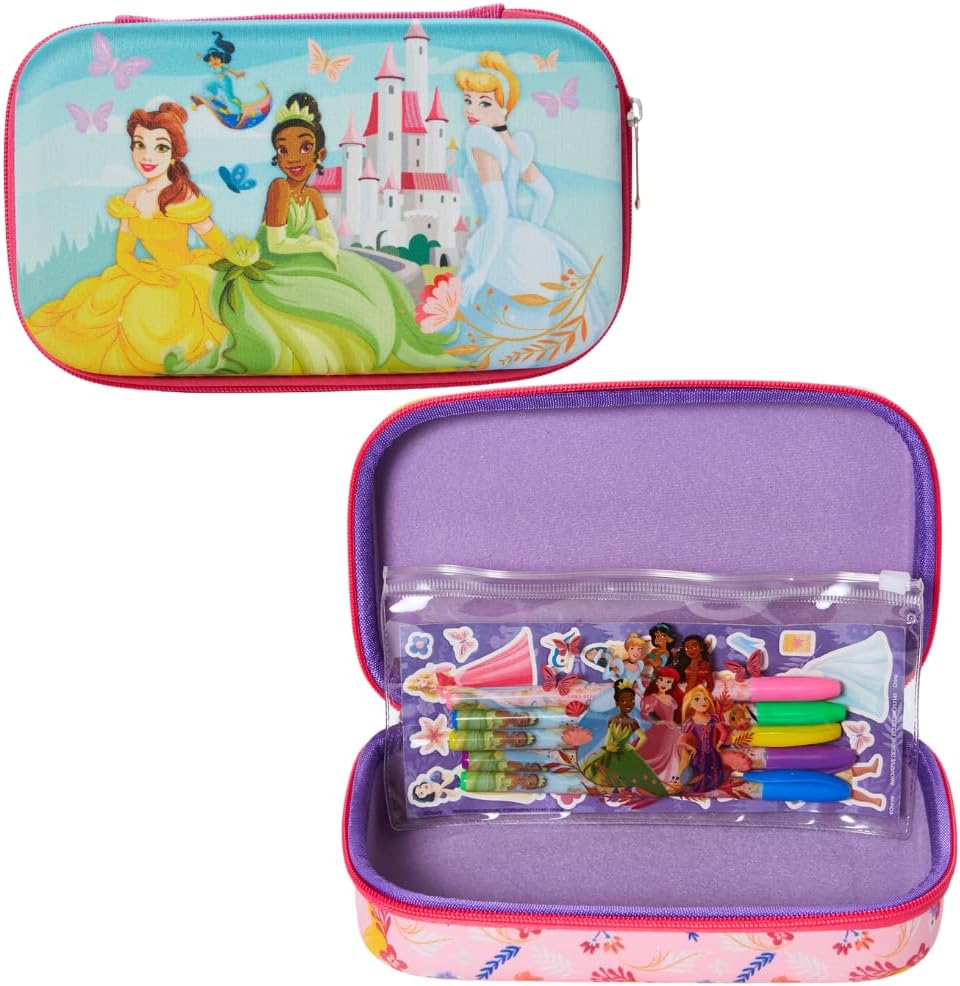 Innovative Designs Disney Princess Pencil Case Set with Stickers and Gel Pens for Kids, Molded with Zip Closure