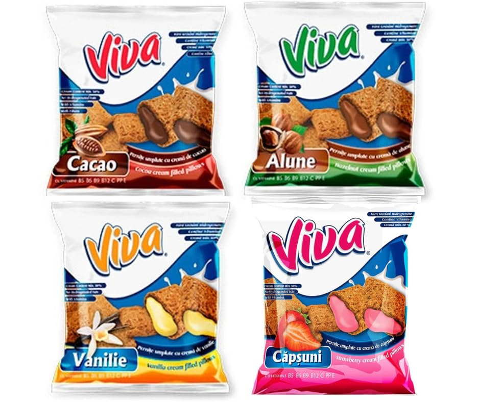 VIVA PILLOWS Cream-Filled Crunchy Pillow Snacks Variety Pack (Cocoa, Vanilla, Peanut & Strawberry) – Romanian Sweet Pillow Bites – 200g Each (Pack of 4)