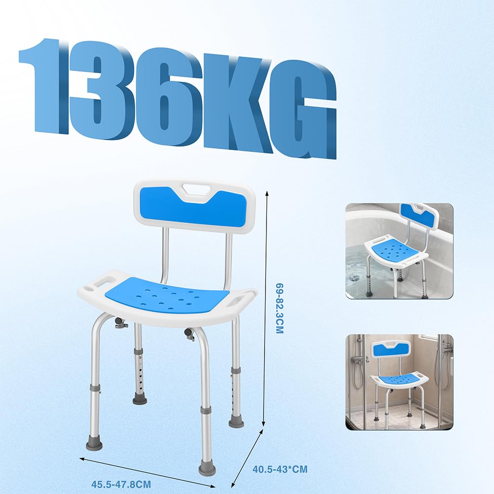 BAKAJI Taburete de ducha con respaldo para personas mayores, discapacitados y personas con movilidad reducida, estructura de aluminio antideslizante, silla orificios de drenaje y altura ajustable