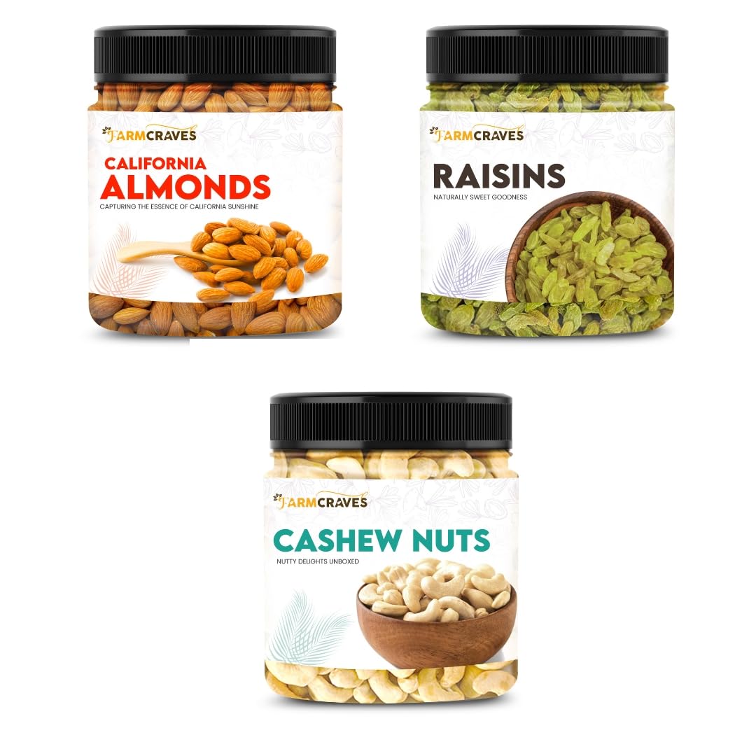FARMCRAVES Premium Dry Fruits Combo Pack (1.500Kg) | Whole Almond (500g) + Cashew (500g) + Raisin (500g) | Healthy Dry Fruit Snack Combo