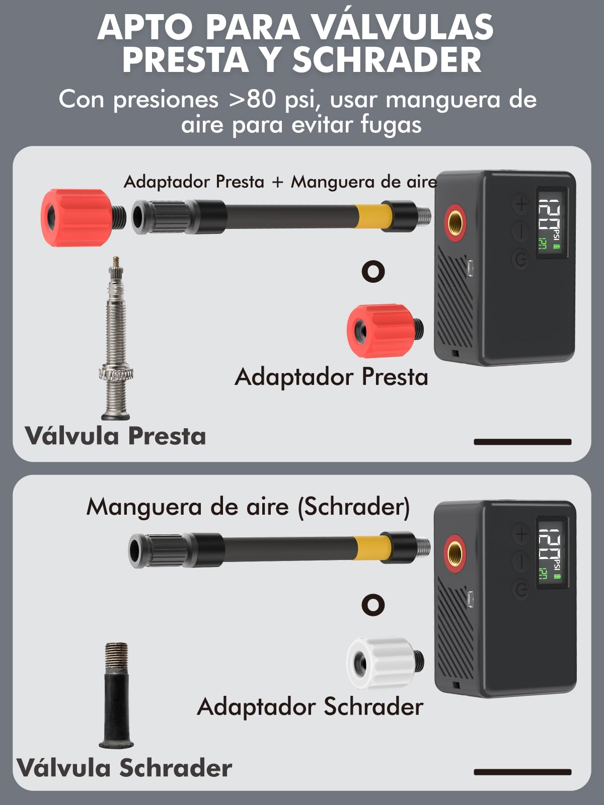 GPUTEK Bomba De Bicicleta Eléctrica, Bomba De Aire Portátil De Alta Presión De 120 PSI para Bicicletas Pequeñas con Medidor Digital para Válvulas Presta Y Schrader De Bicicletas De Carretera