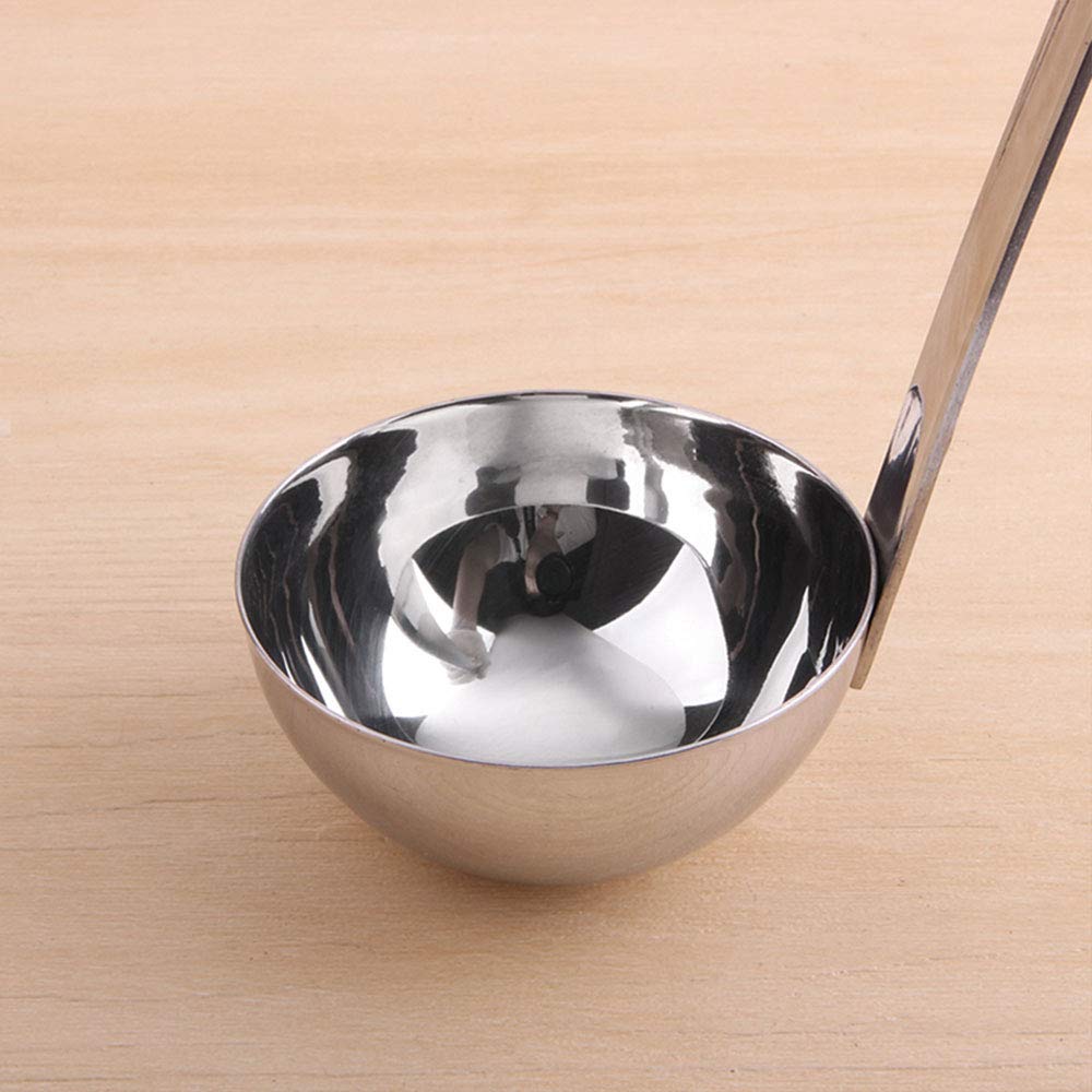 Cucharón de sopa profesional de acero inoxidable con mango largo y gancho para salsa, sopa, estofado, cocina, cuchara de salsa, 7 x 27 cm, 90 ml, color plateado