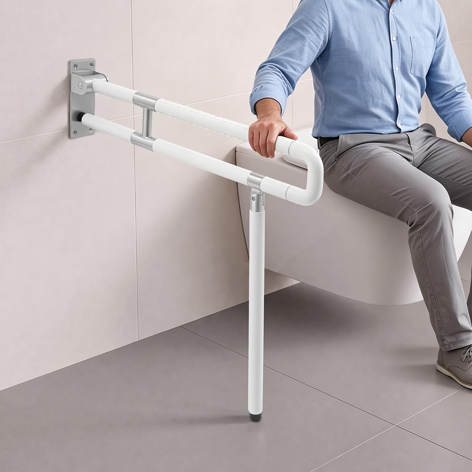 Barra de apoyo de baño abatible, mango de seguridad para inodoro de pared de nailon y acero inoxidable, soporte plegable antideslizante de carga 300 kg, para inodoro de ducha de casa