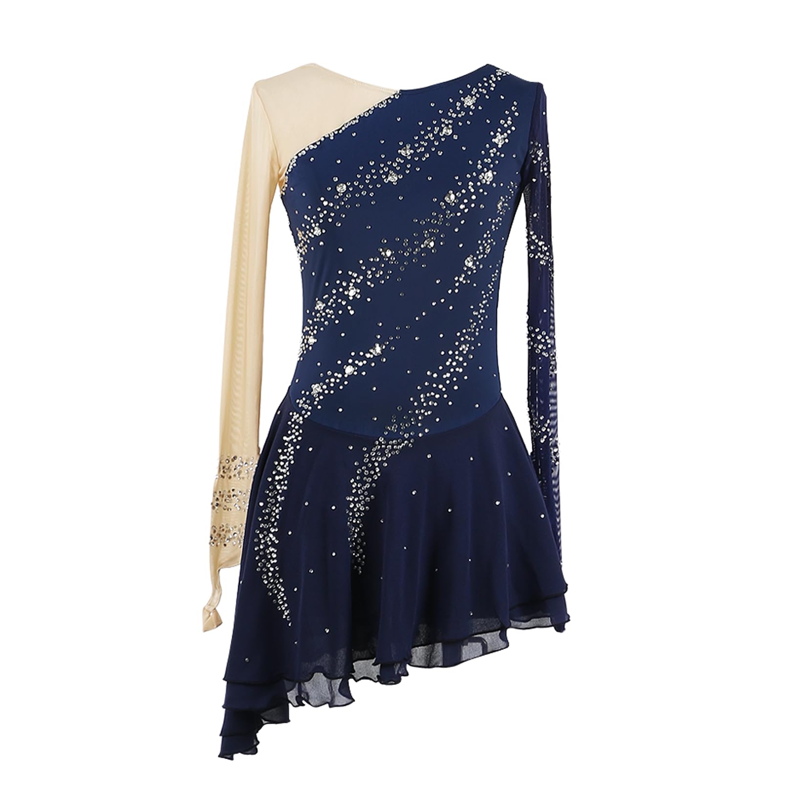 Enfant Fille Robe Patinage Artistique Femme Manches Longues à Strass et Ourlet Oblique Bleu Collant Patinage Artistique Danse Compétition Specatcle Tenue
