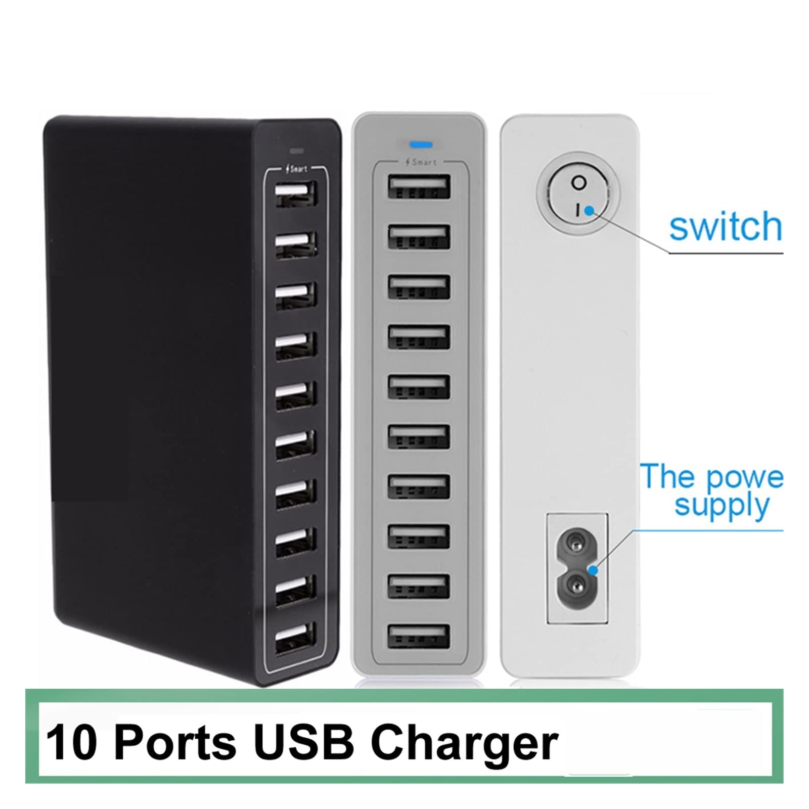 Stacja ładowania, Ładowarka 50W Multi USB 10 Portów Stacja ładująca Urządzenie wieloportowe Szybkie ładowanie 5V 10A Kompatybilne z telefonem, tabletem i telefonem komórkowym(10 USB Charger black)