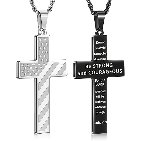 Romass 2Pcs Cross Necklace for Men Boys, Bible Verse Christmas Gifts Stainless Steel Silver Black American Flag Chains for Men Pendant Jewelry Box