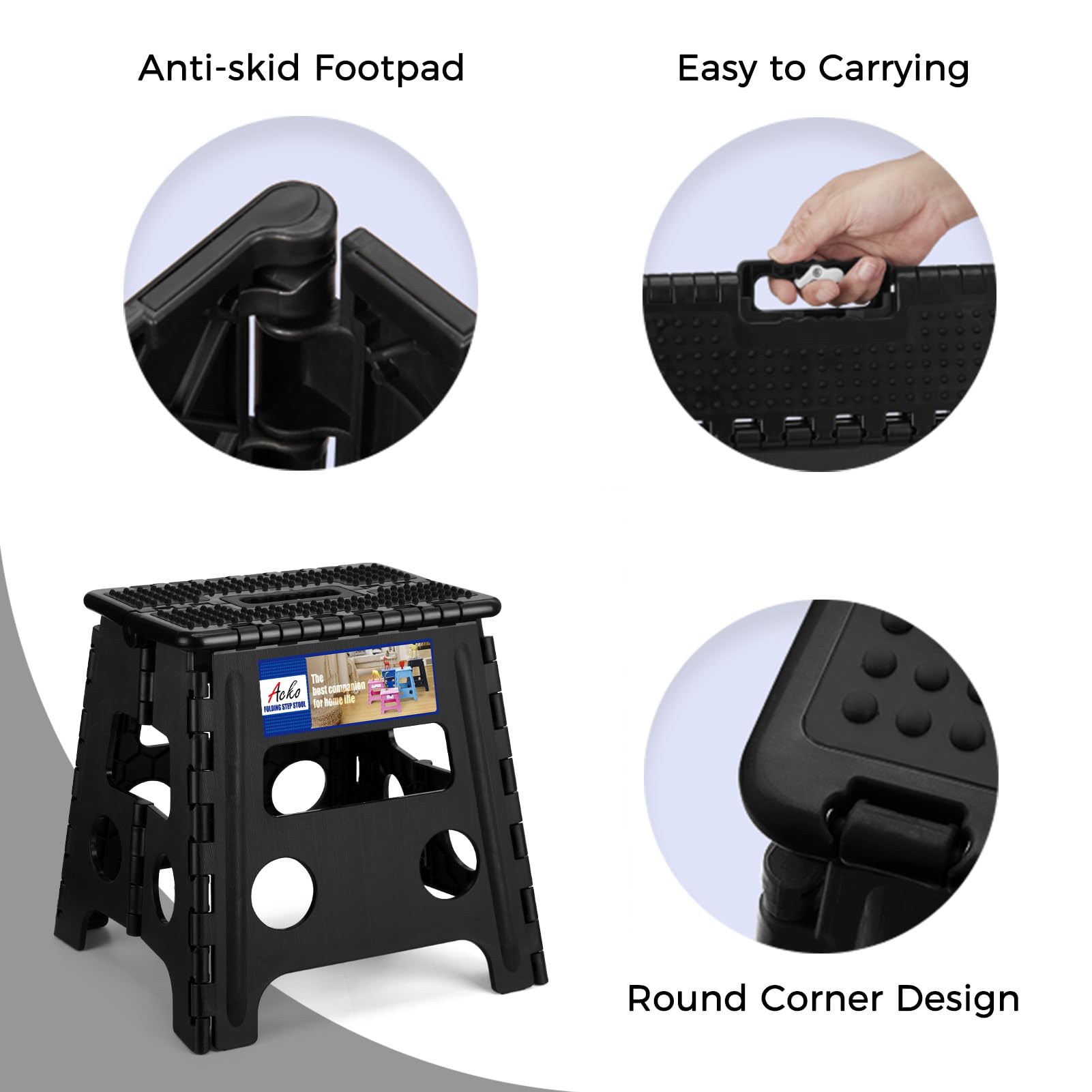 ACKO Klappbarer Tritthocker, 33 cm Höhe, Premium, strapazierfähig, faltbar, für Erwachsene und Kinder, Küche, Kunststoff, klein, zusammenklappbar, hält bis zu 136 kg, gepunktet, Schwarz (1 Stück)