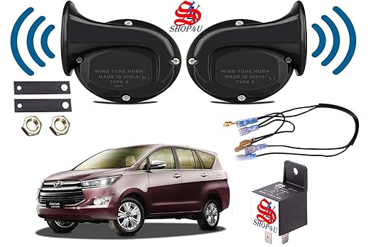 SHOP4U Square Shape Car Windtone Horn with Raley and Wire for Toyota Innova (Set of 2 Horn with Relay and Wire, Black)
