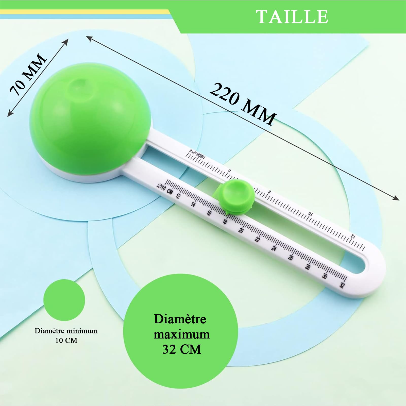 Cutter Circulaire Réglable 10-32 cm - Coupe-Cercle Rotatif avec Lames Remplaçables pour Loisirs Créatifs, Scrapbooking, Cartes 3D, DIY (Vert)