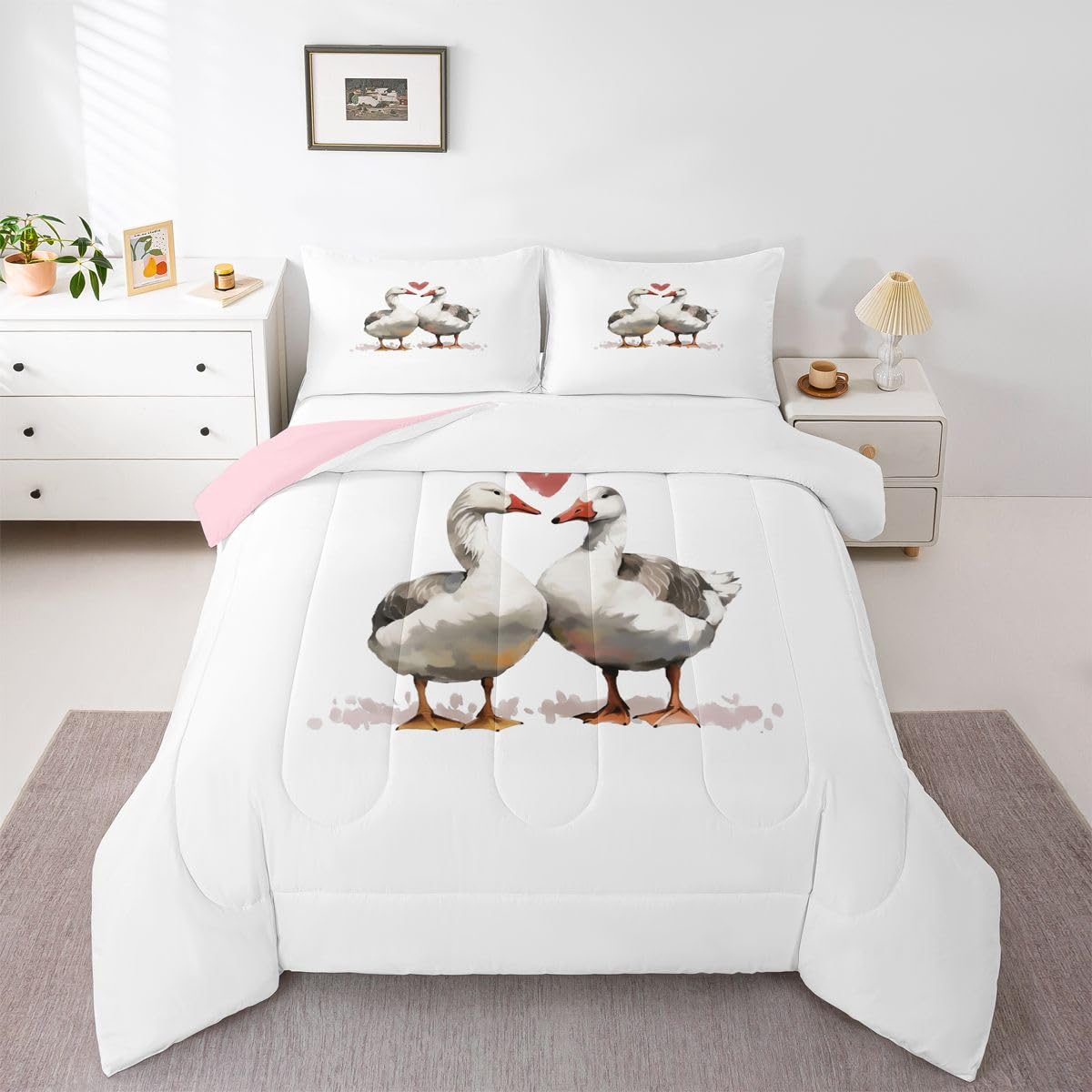 Erosebridal Geese Valentine Twin Comforter Set Cartoon Ducks Bedding Set for Kids Girls Goose Duck Couple Decor Comforter Kawaii Farm Animals Duvet Insert