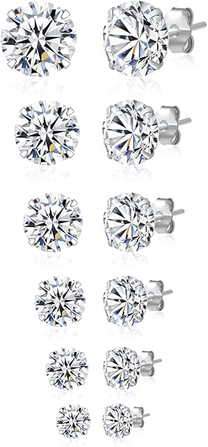925 Sterling Silver Stud Earrings Set 6 Pairs 3mm 4mm 5mm 6mm 7mm 8mm Cubic Zirconia Stud Earrings Multipack CZ Ear Studs Multiple Piercings For Men Women Hypoallergenic