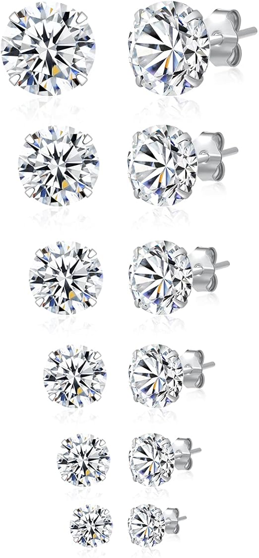 925 Sterling Silver Stud Earrings Set 6 Pairs 3mm 4mm 5mm 6mm 7mm 8mm