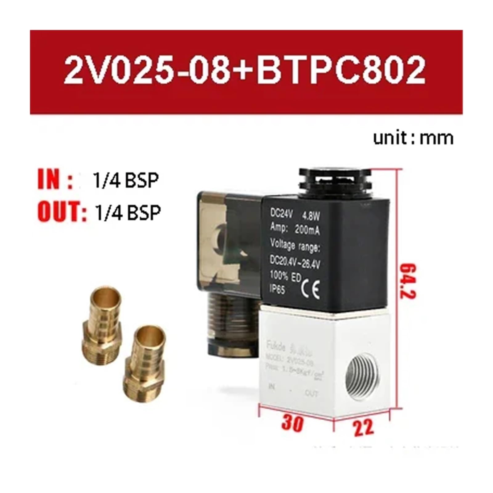 Válvulas solenoides de Aire 2V025-08 Válvula solenoide neumática 2 Posiciones y Puertos 1/4" Normalmente Cerrada 12 V, 24, 110 220(2v025-08 W Btpc802,220 Volt)