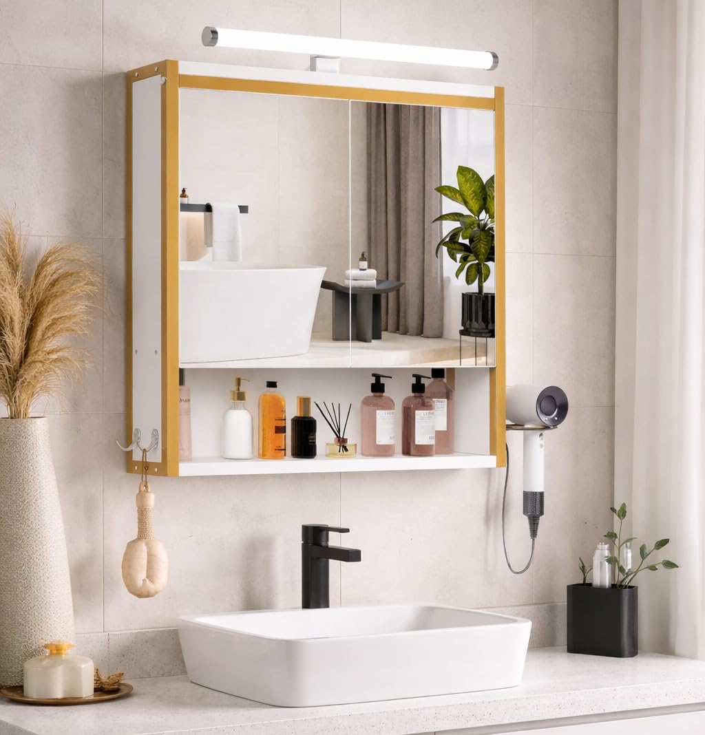 ELUCHANG Spiegelschrank Bad mit Beleuchtung,LED Spiegelschrank Bad 60x60x15cm, E1 MDF+Metall Badezimmerschrank/IP44/Verstellbaren Ablagen, Haartrocknerhalter+Haken,Weiß/Golden