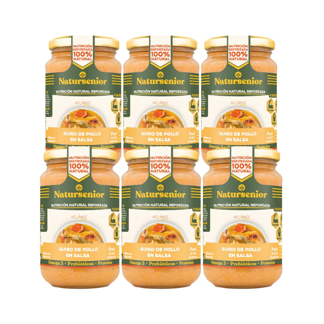 Natursenior Comida Triturada para Personas Mayores Pack Puré Guiso de Pollo en Salsa 100% Natural Omega 3 Fibra Proteína 6x340g