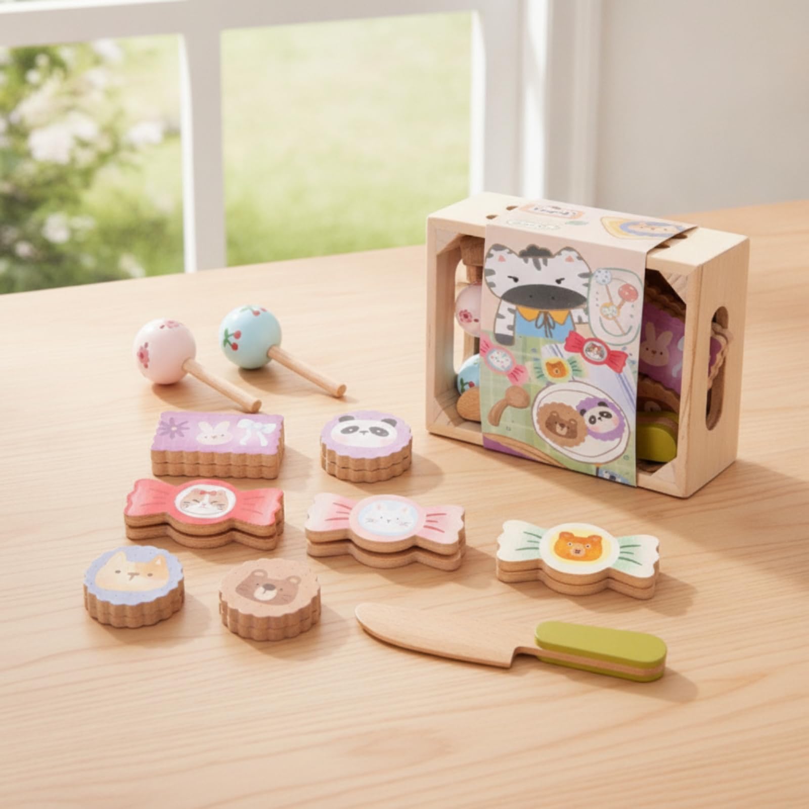 Sharplace Children Kitchen Playthin Kit de Alimentos de Madera Juguete de Cocina para Niños Caja Sólida con Tapa Ilustrada Cuchillo Juguete Piezas de Comida, Postres