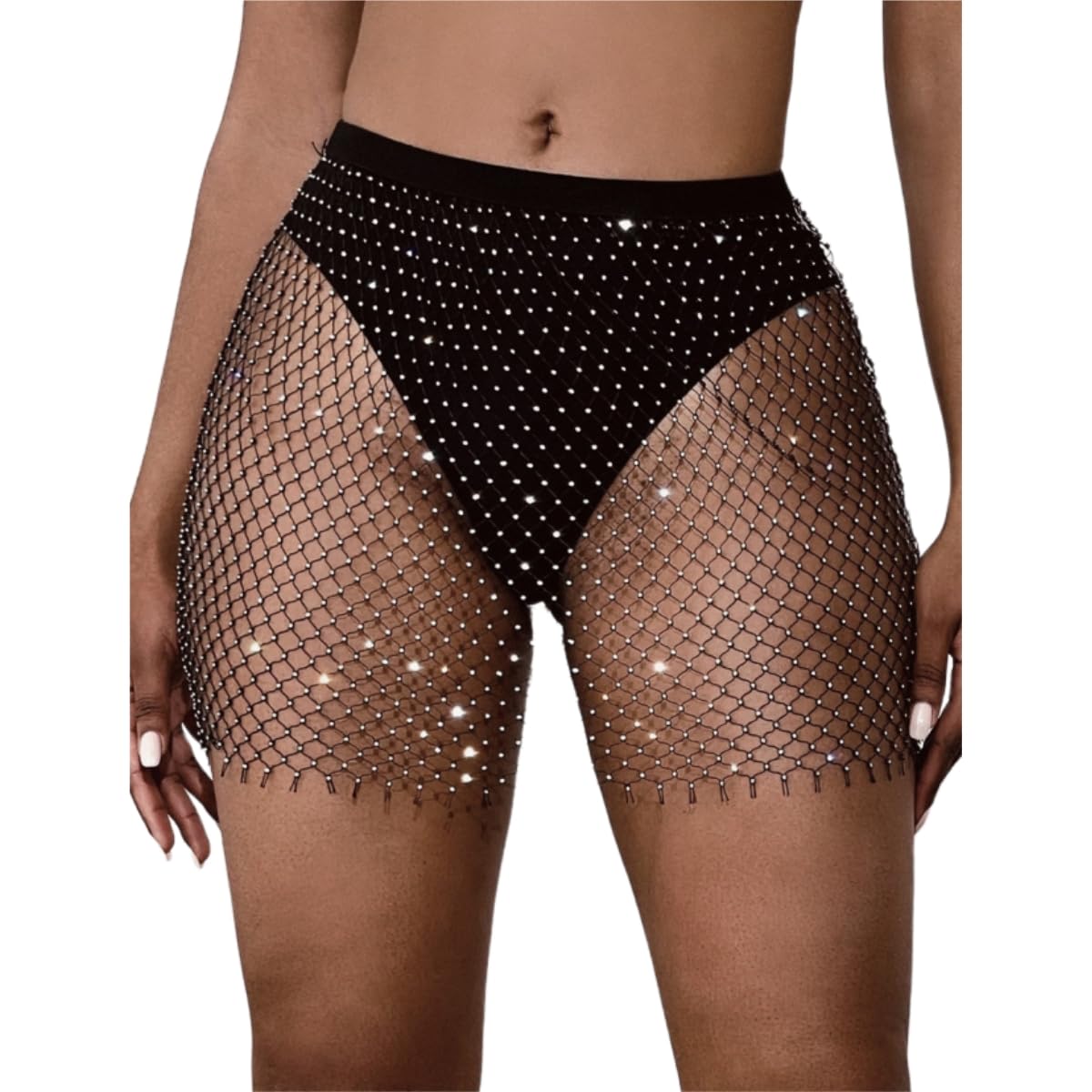 Samheng Women's Black Glitter Mesh Diamond Skirt, See Through Rhinestone Studded Mini For Festival Club Rave Outfit, Sparkly Clubwear Cover Up