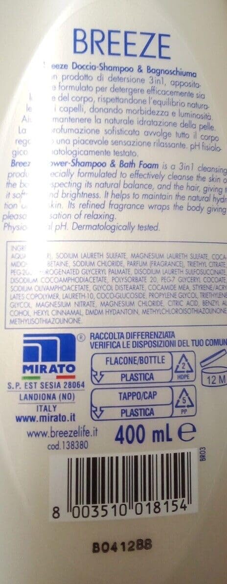 12x BREEZE The Bianco Doccia-Shampoo e Bagnoschiuma,deterge efficacemente corpo pelle e capelli 400ml + 1 Busta di Talco Felce Azzurra in omaggio da 100g
