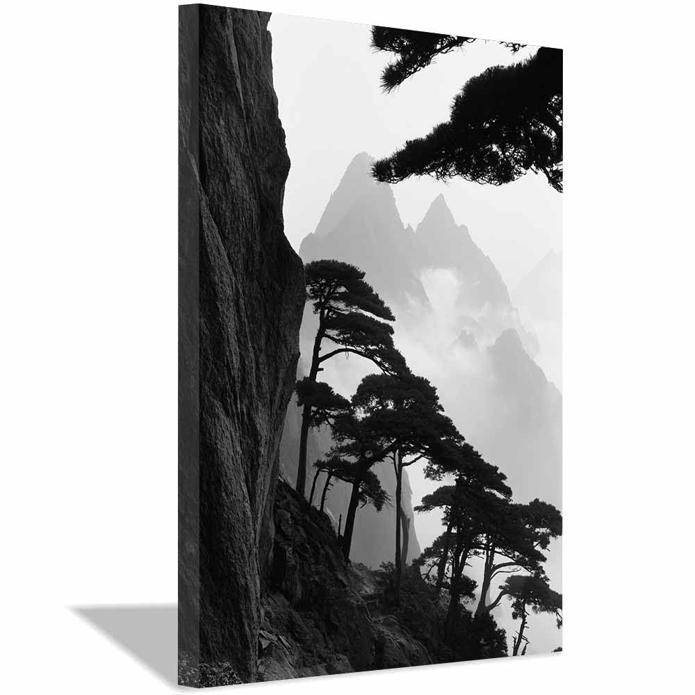 XENIOU Black And White Prints Misty Huangshan Pine Views prints for walls, decorative paintings for Living Room Bedroom Home Decoration(Multicolor)-70x100cm Framed