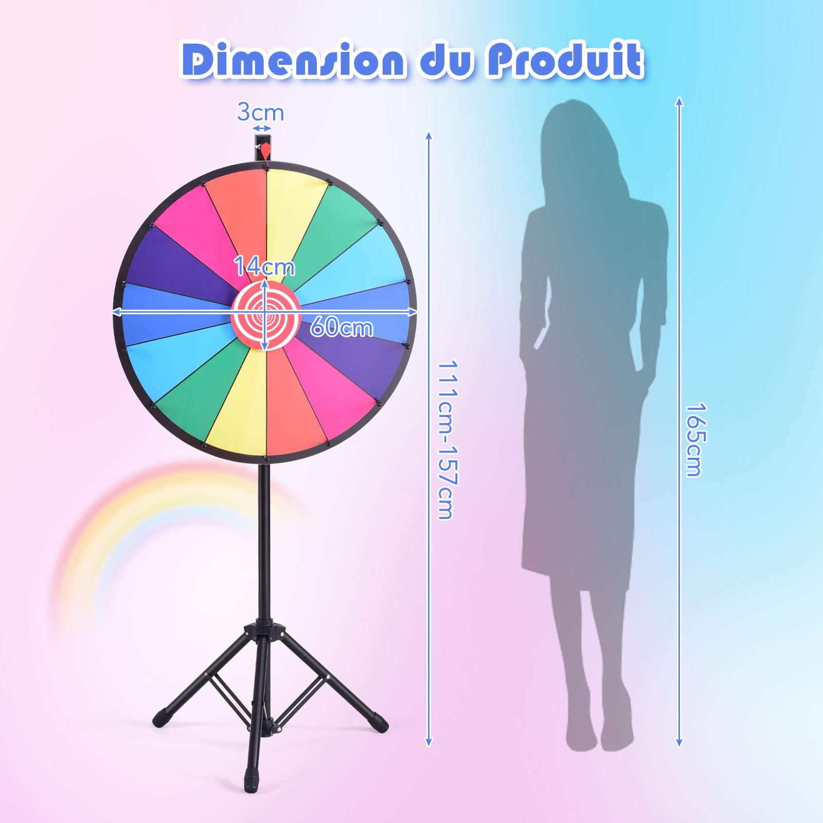 GOPLUS Roue de la Fortune 24 Pouces sur Pied, Prize Wheel 14 Grilles, Hauteur Réglable, avec Stylo Effaçable, Gomme et Pointeur, Trépied Stable et Antidérapant, pour Fêtes, Loterie et Activités