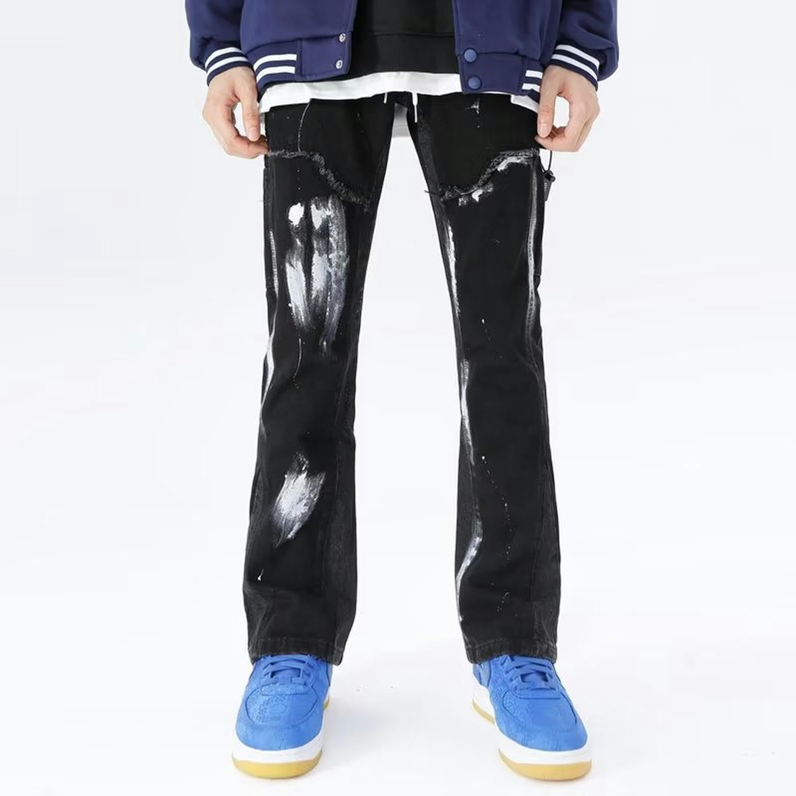 Jeans Hip-Hop Streetwear da Uomo, Pantaloni Leggermente Svasati-Nero-M