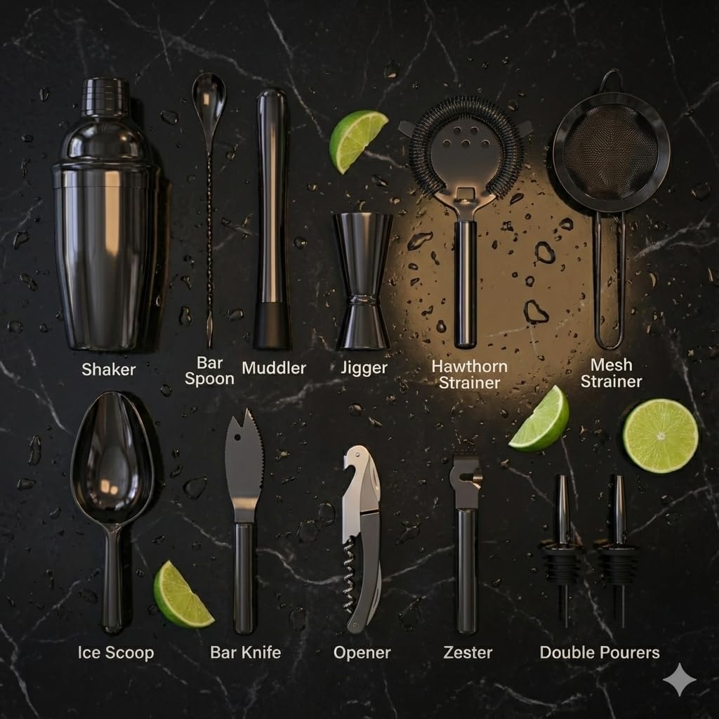 Highball & Chaser 13-Piece Cobbler Cocktail Shaker Set: Black Polished Stainless Steel Bartender Kit for Home Bar Set | Laser Engraved Tools Plus E-Book with 30 Recipes - Image 3