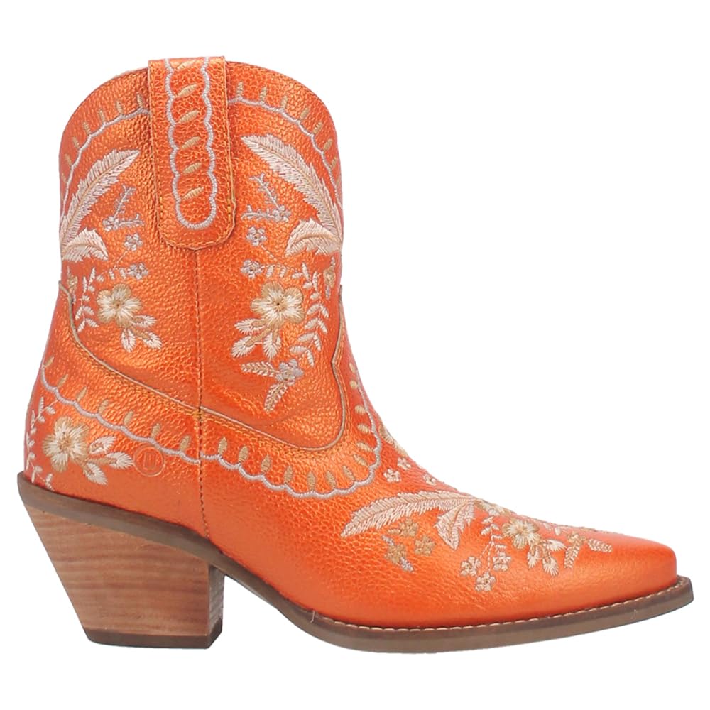 Dingo Womens Primrose Floral Embroidered Metallic Snip Toe Casual Boots Ankle Mid Heel 2-3 - Orange - Size