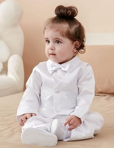 Miniatura 2 de A&J DESIGN Traje de bautismo blanco para bebé niño de 3 a 18 meses de manga larga con cruz bordada