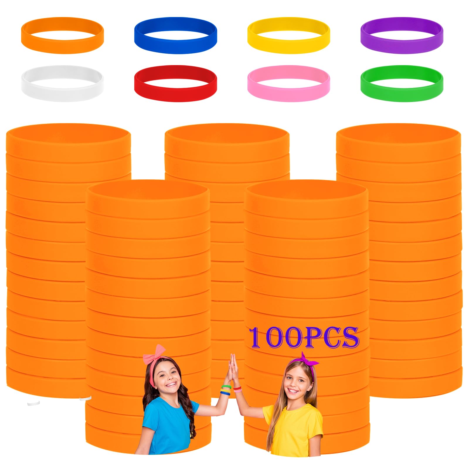 HONTIUS Silicone Bracelet, Pack of 100 Silicone Bracelets, Silicone Wristbands, Empty Rubber Bracelets for School, Teachers, Team, Party, Men and Women (Orange, 7-180 cm for 8~12 Years)