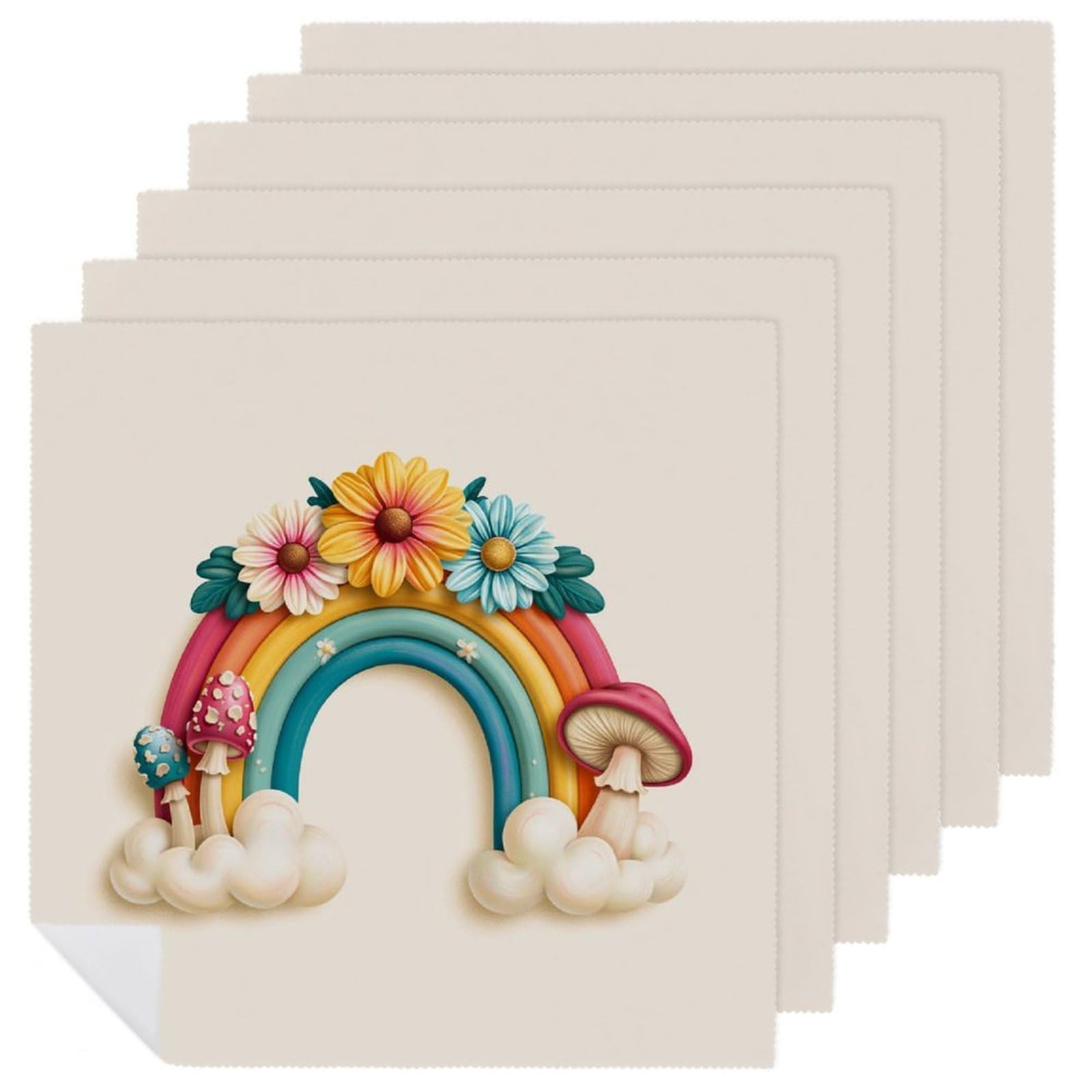 Retro Rainbow with Daisies And Mushrooms Cloth Napkins Set of 6, Square Premium Reusable Washable Polyester Table Linen Napkin for Dinner Party
