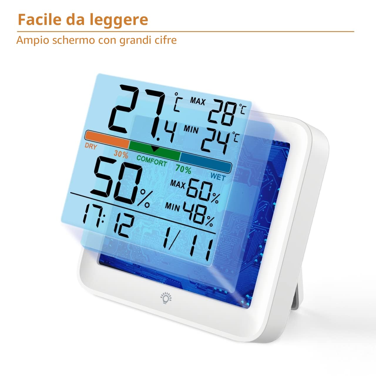 NOKLEAD Igrometro Termometro per interni Misuratore di umidità digitale LCD retroilluminato con orologio Registrazioni max/min