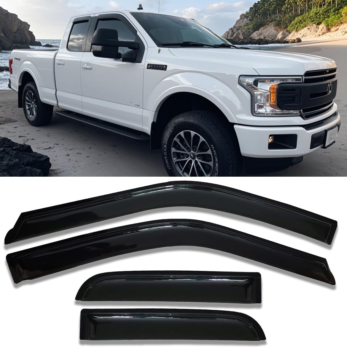 Tape-on Side Car Window Rain Guards Vent Sun Visors Window Deflectors for 2015-2023 F-150 SuperCab/Extended Cab Sun Shade Dark Smoke 4PCS For 2015+ F150 Extended Cab