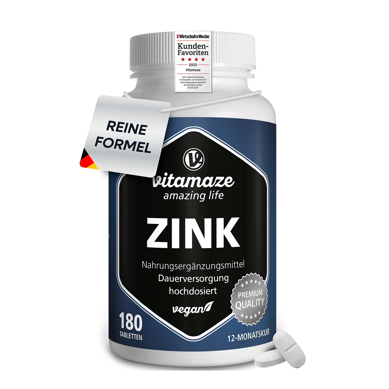 Zink Tabletten hochdosiert – VEGAN, 180 Tabletten, 25 mg Zink pro Tagesdosis, 12 Monate Versorgung