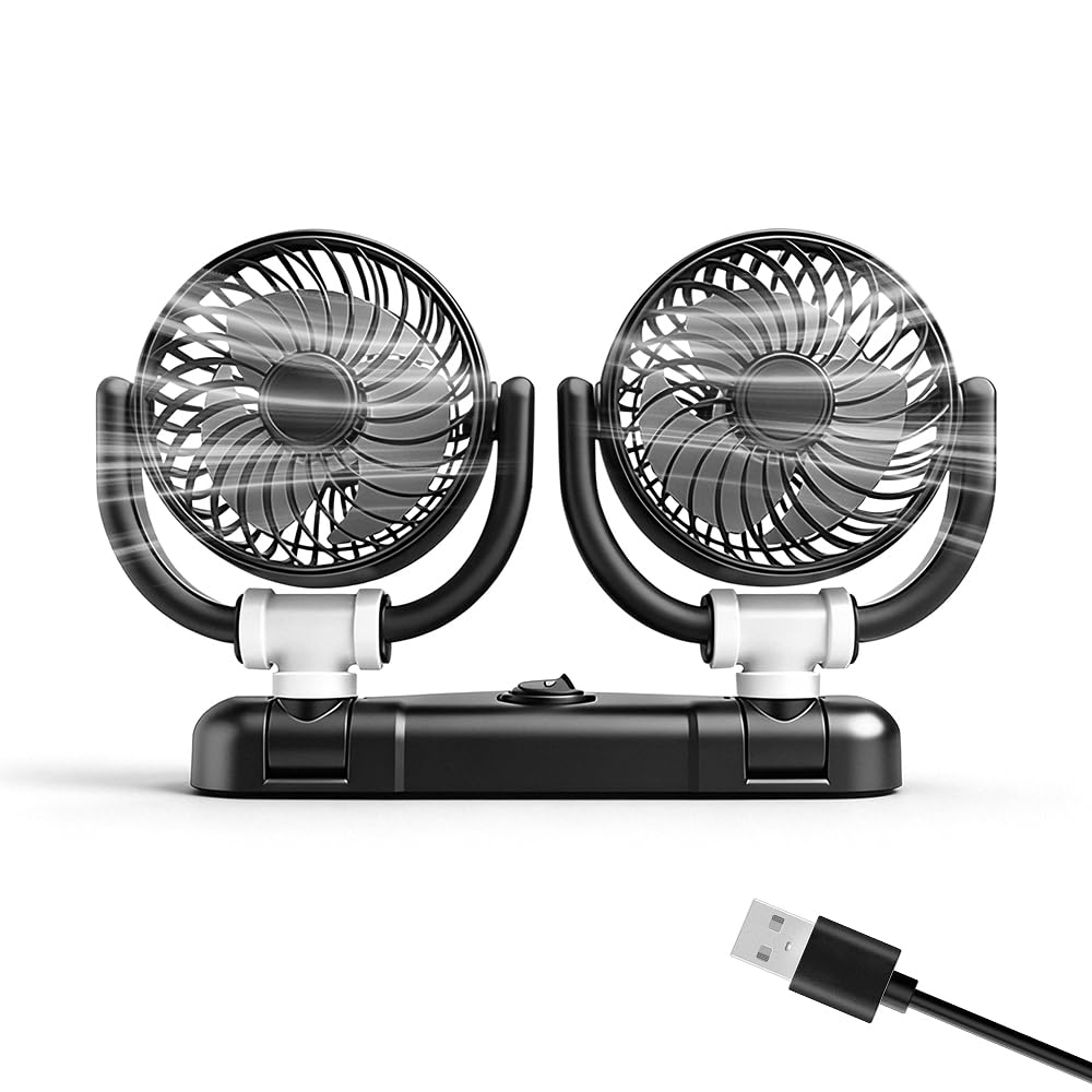 Ventilateur de voiture 5 V USB double tête - Portable - Rotation à 360° - Double tête - 2 vitesses - Faible bruit - Pour camion, camionnette, SUV, RV