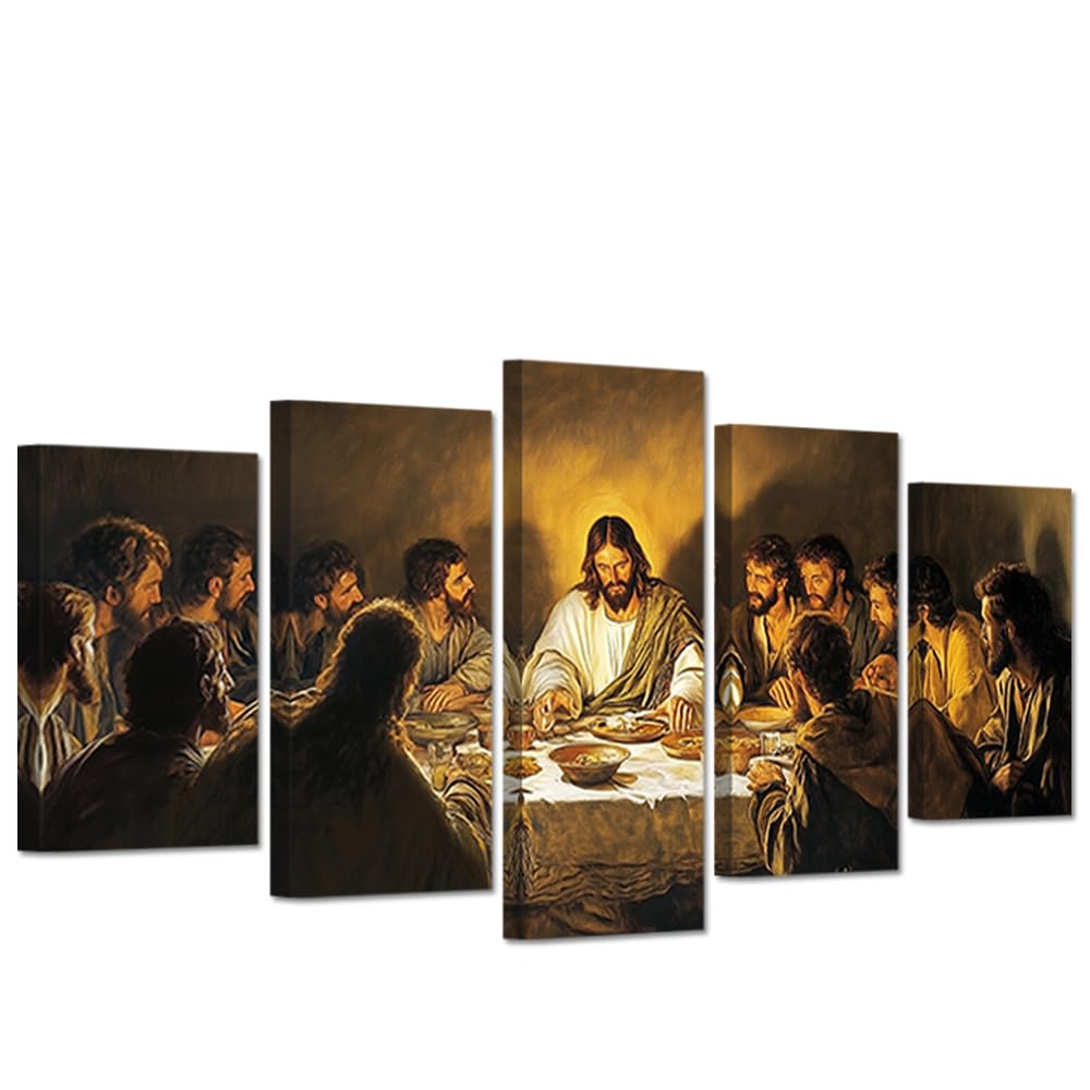 CXHOSTENT The Last Supper Wall Art 5 PCS Jesus Canvas Print Christian Pictures Religious Painting Print God Poster Living Room Church Room Decor Framed (30x40cmx2 30x60cmx2 30x80cmx1)