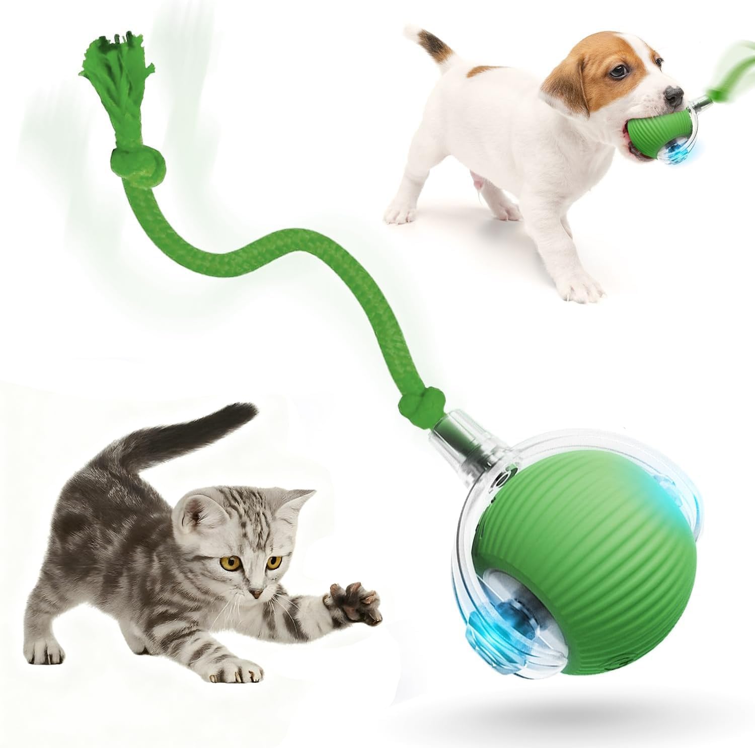 Tiny Fetch Dog Toy, 360° Rolling Interactive Fast Moving Toys Balls with Rope, for Dogs and Cat Indoor Play green