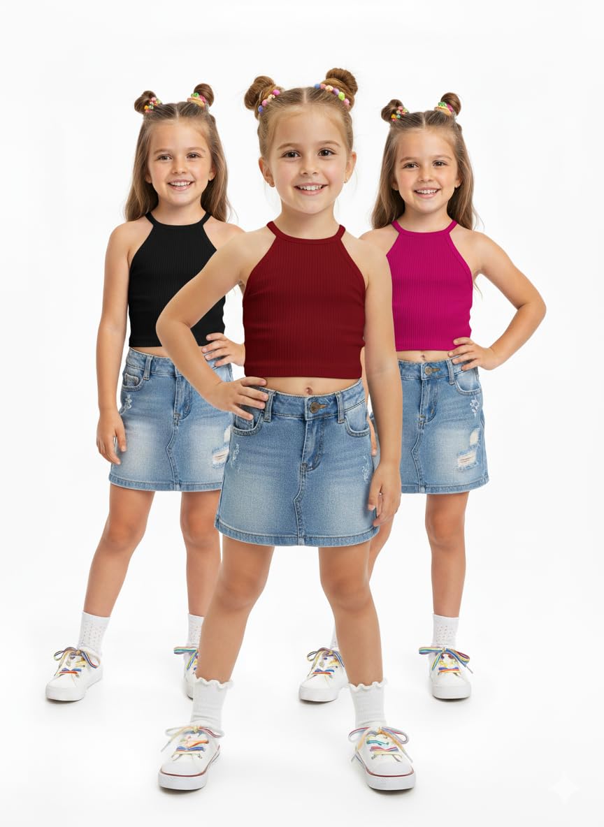Kids’ Stylish Ribbed Sleeveless Halter Crop Tops (Set of 3) (in, Age, 8 Years, 9 Years, K_2 Black_Maroon_Pink) 1