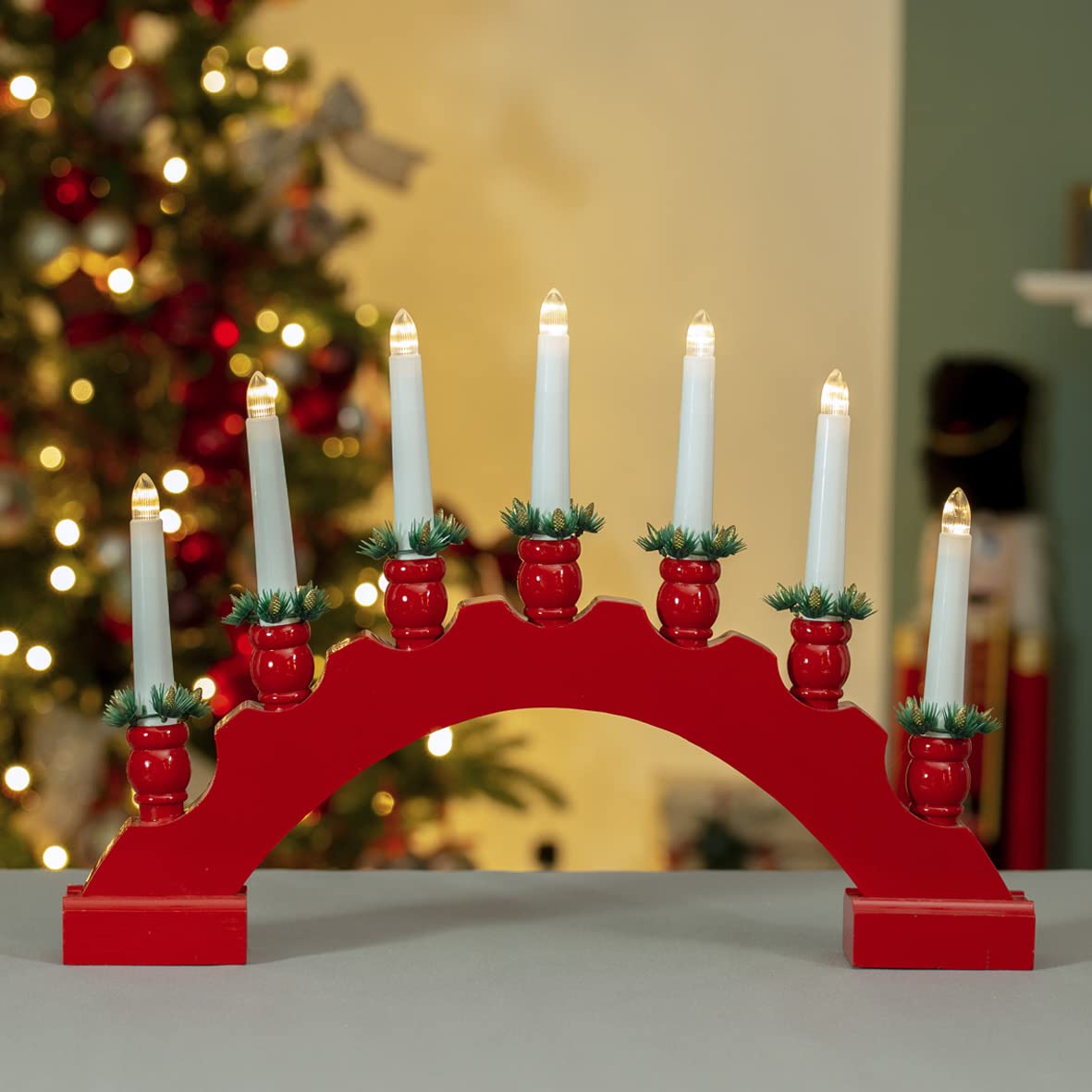 The Christmas Workshop 71179 Red Arched Wooden Candle Bridge with Candle Holders / 7 Warm White LEDs/Indoor Christmas Decoration / 45cm x 31.5cm x 5cm / Battery Powered [Energy Class A+++]