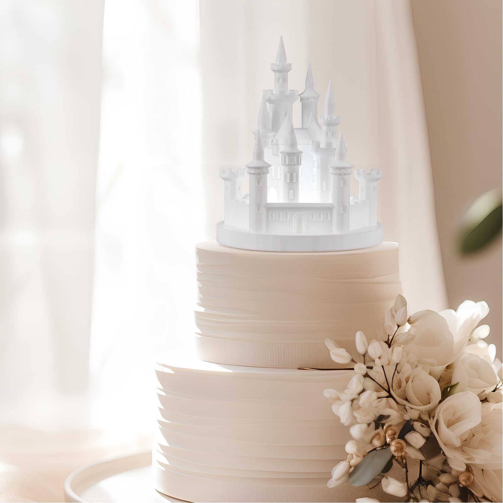 Baquler Castle Cake Topper Figurine Wedding Birthday Castle Night Light Topper USB Rechargeable Princess Night Light Cake Topper for Wedding Birthday Party Cake Decor (White)