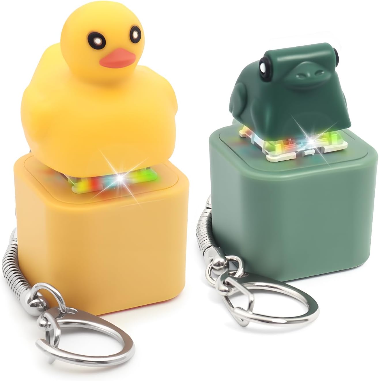 Quacking Duck & Croaking Frog Keyboard Fidget Set - LED Light Animal Clicker Toys with Realistic Sounds, Type-C Rechargeable Stress Relief Keychains for Adults, Cute Bag Accessories Gift