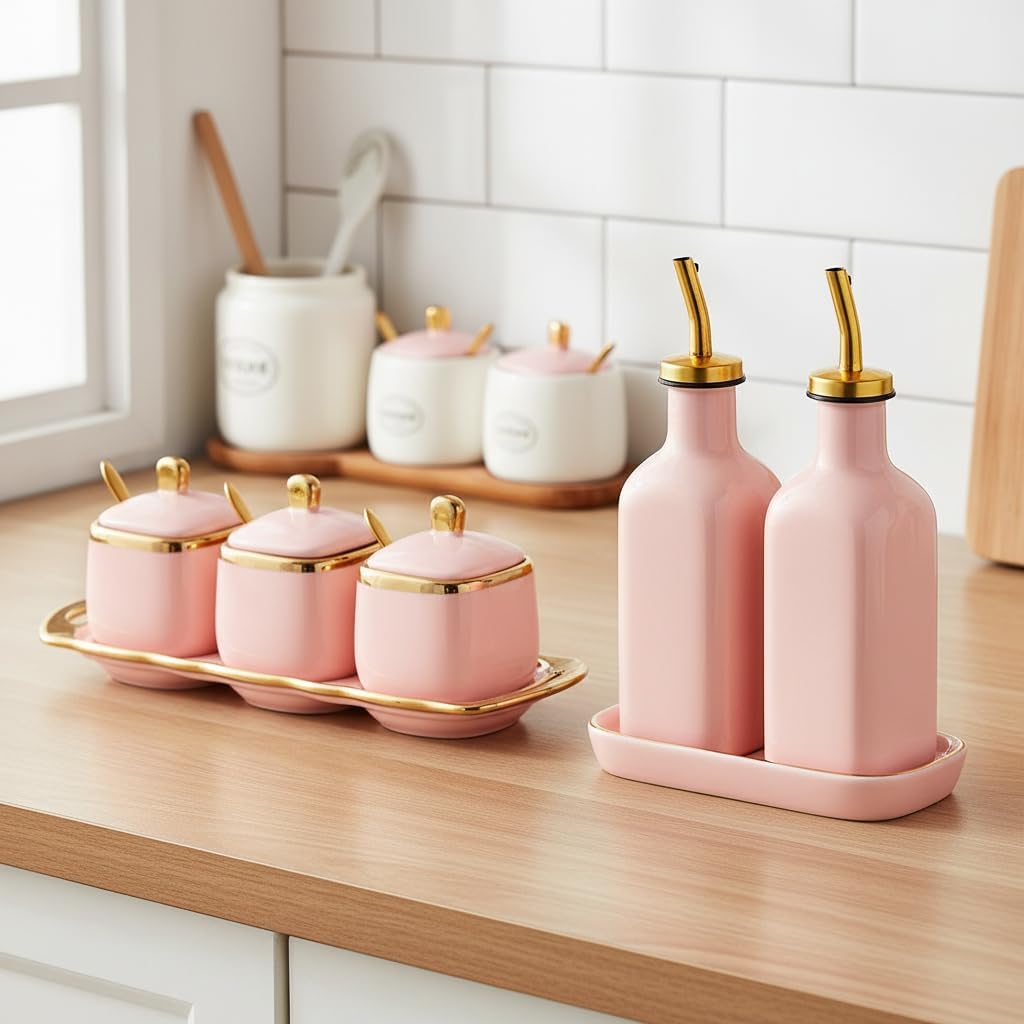 Pink Sugar Bowl with Lid and Spoon,Ceramic Condiment Jars Spice Container with Tray,Sugar and Salt Bowls,Gold Condiment Containers Pots Seasoning Box Set of 3 for Kitchen Coffee Bar image 5