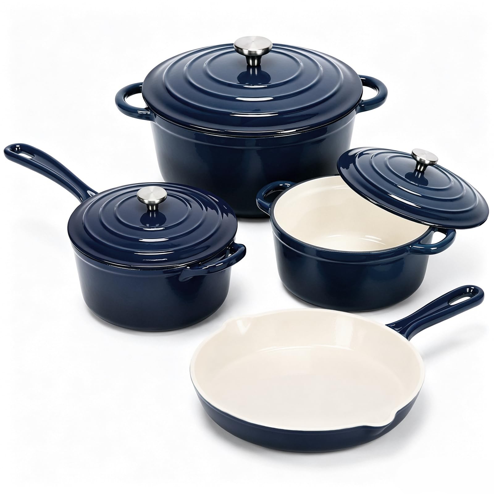 4-Piece Enameled Cast Iron Cookware Set with Lids, Skillet, Navy Blue | 10.25" Skillet; 2QT Saucepan; 2.8QT & 4.8QT Dutch Ovens; Oven Safe to 500°F; for Induction, Gas, Electric & Ceramic