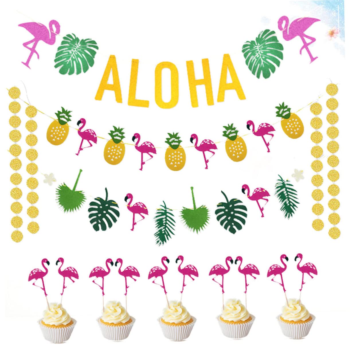 VICASKY 3stücke Hawaiian Party Accessories Kit Aloha Banner Tropische Deko Für Garten Pool Und Sommerfest Teiliges Mit Girlanden Und Glitzer Anhängern Für Unvergessliche Feiern